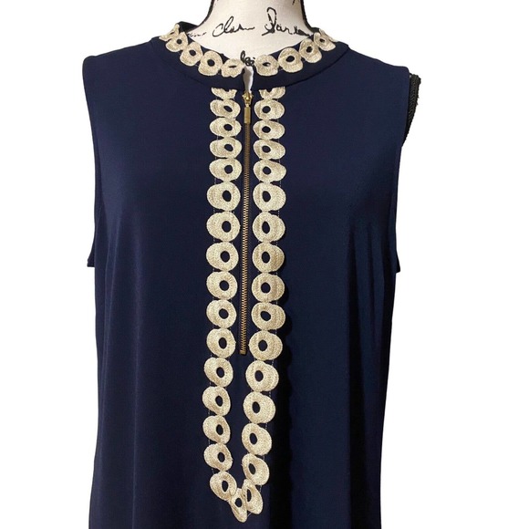 Women’s Nina Leonard Size XLarge Navy Blue Embroidered Dress Zipper Front - Picture 2 of 8